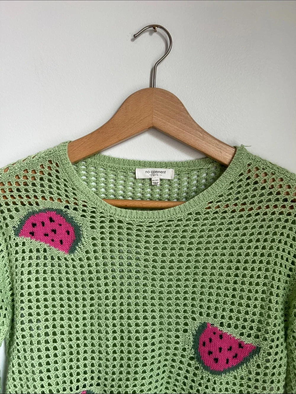 No Comment | Green Cropped Crochet Sweater Pink Watermelon Patches Size XL (16)
